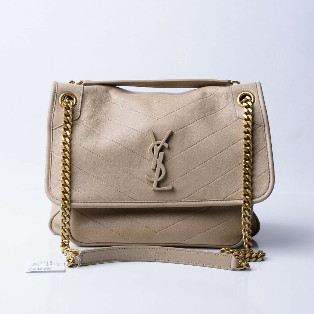 YSL Saint Laurent Niki Medium Bag Sac MNG Calfskin Shoulder Bag Purse Dark Beige - Picture 1 of 10